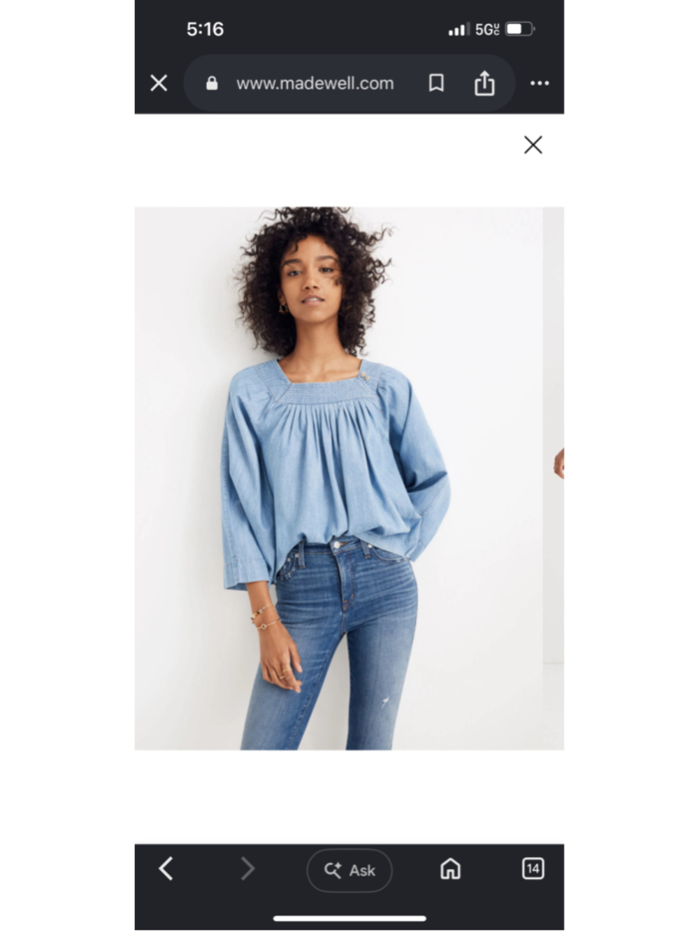 Madewell Square Neck Light Blue Cotton Lyocell Denim Peasant Top Women’s Small